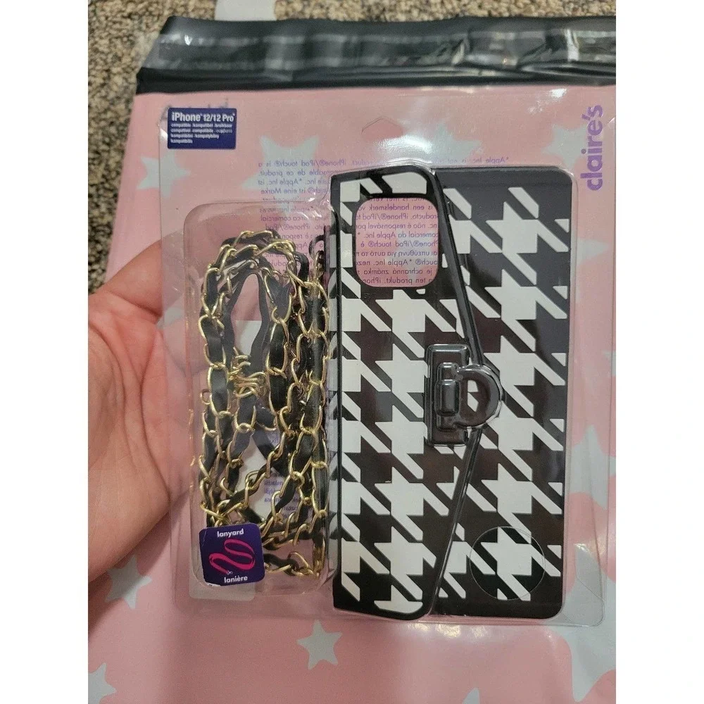 Iphone 12/12 pro case With Lanyard Black And White Purse Style